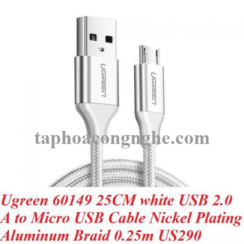Ugreen 60149 25cm QC3.0 màu trắng đầu bọc nhôm chống nhiễu cáp Micro sang USB 2.0 sạc và truyền dữ liệu từ máy tính ra điện thoại dài 0.25m US290 30060149